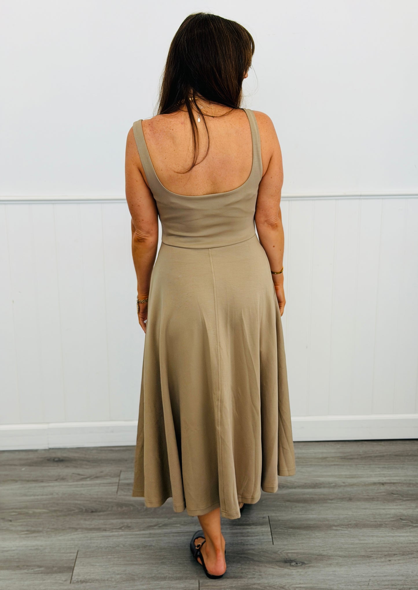 Taupe Square Neck Flare Midi Dress (Reg. and Plus)
