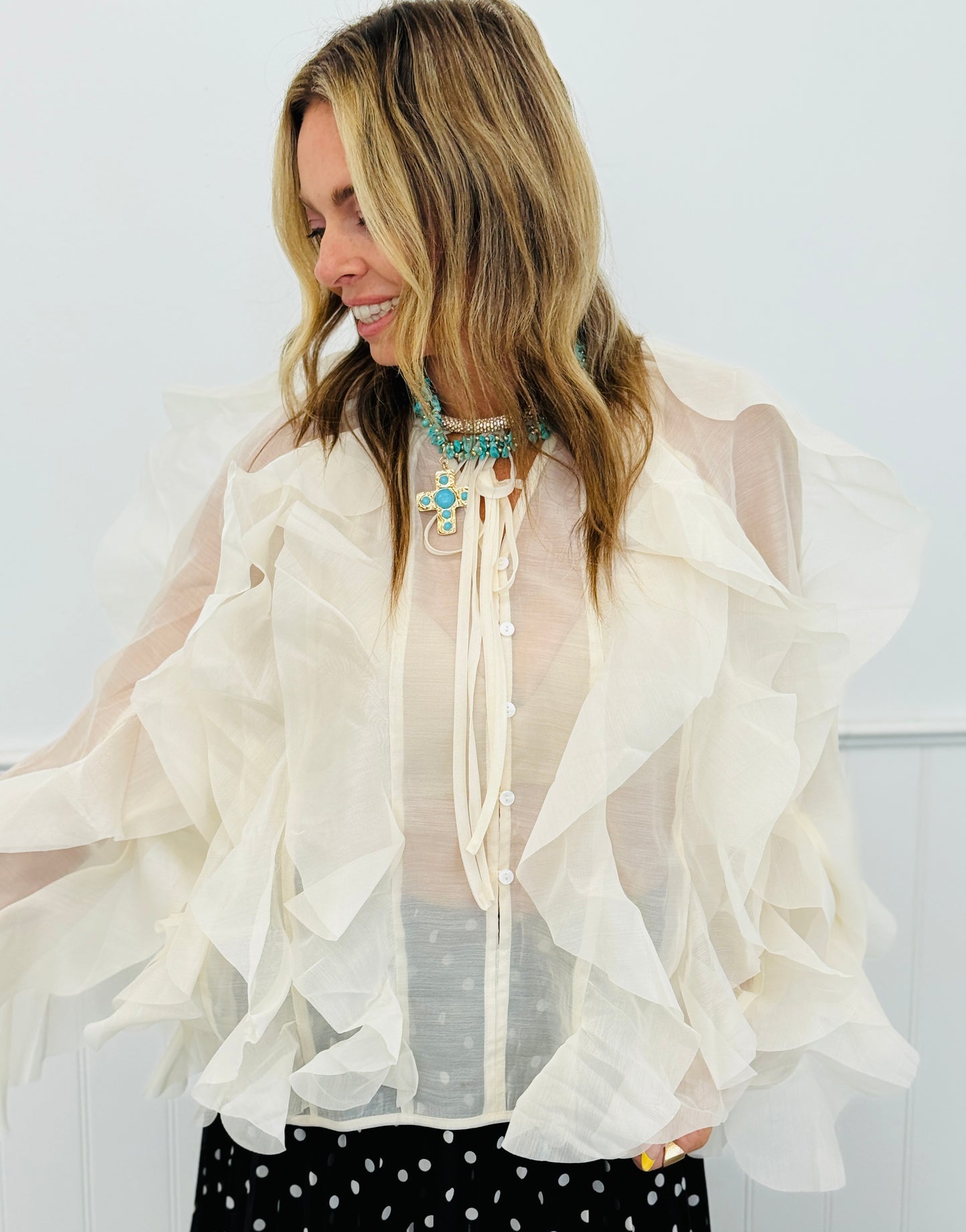 Beige Ruffle Button Down Blouse (Reg.)