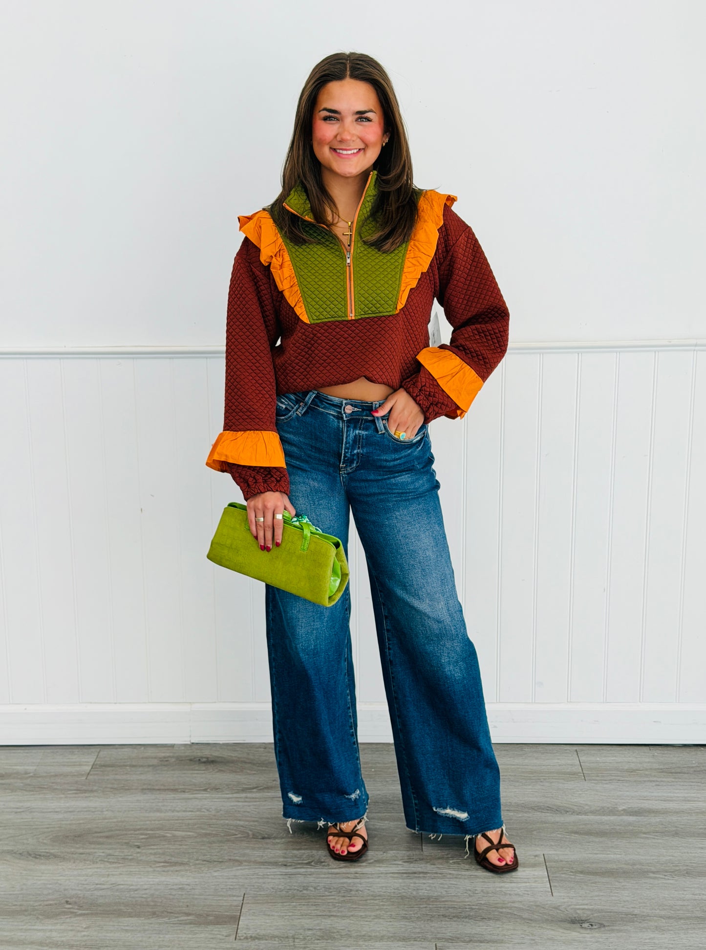 Brown Color Block Quarter Zip Top (Reg.)