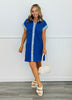 Royal Blue Stripe Trim Button Down Mini Dress (Reg. and Plus)