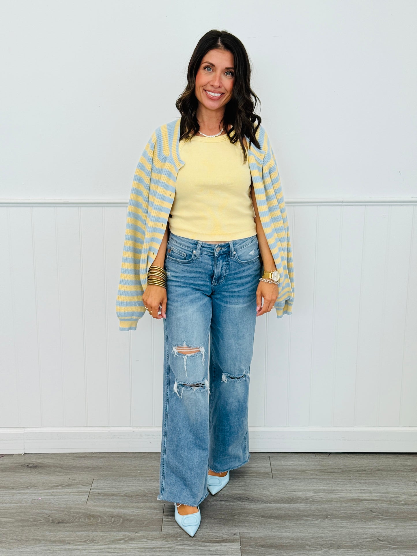 Blue/Butter Striped Button Up Sweater Cardigan (Reg.)