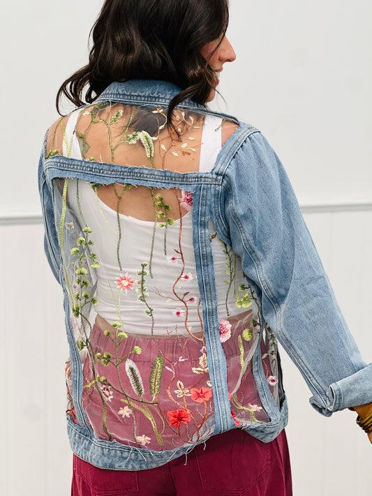 Denim Floral Embroidery Mesh Jacket (Reg & Plus)