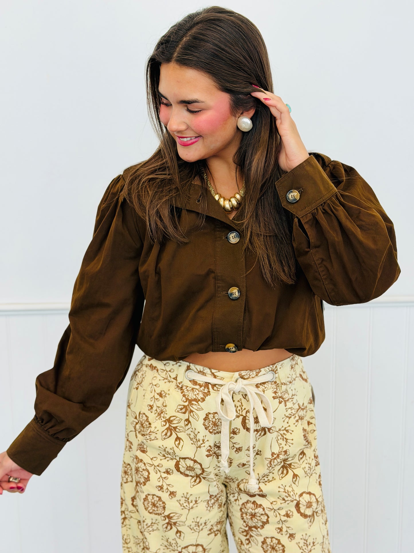 Dark Brown Gathered Hem Bomber Jacket (Reg.)