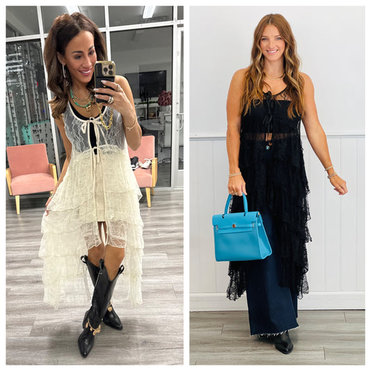 Sheer Lace Tiered Front Tie Maxi Top (Reg.)-2 Colors