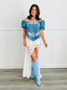 Medium Denim Embroidered Bubble Sleeve Top (Reg.)