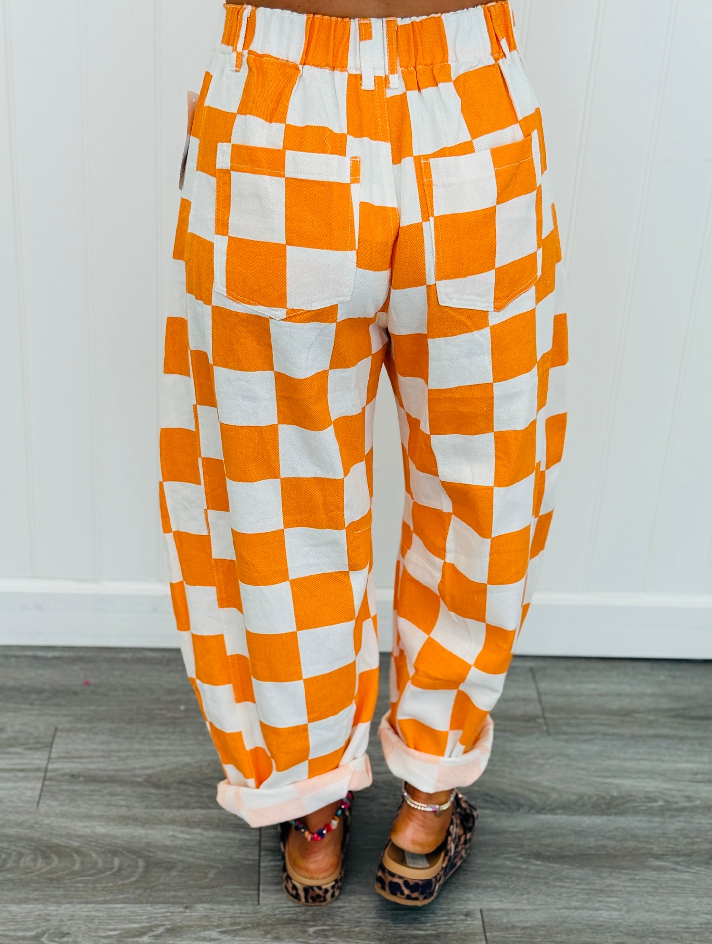 Orange Checkered Print Barrel Pants (Reg. and Plus)