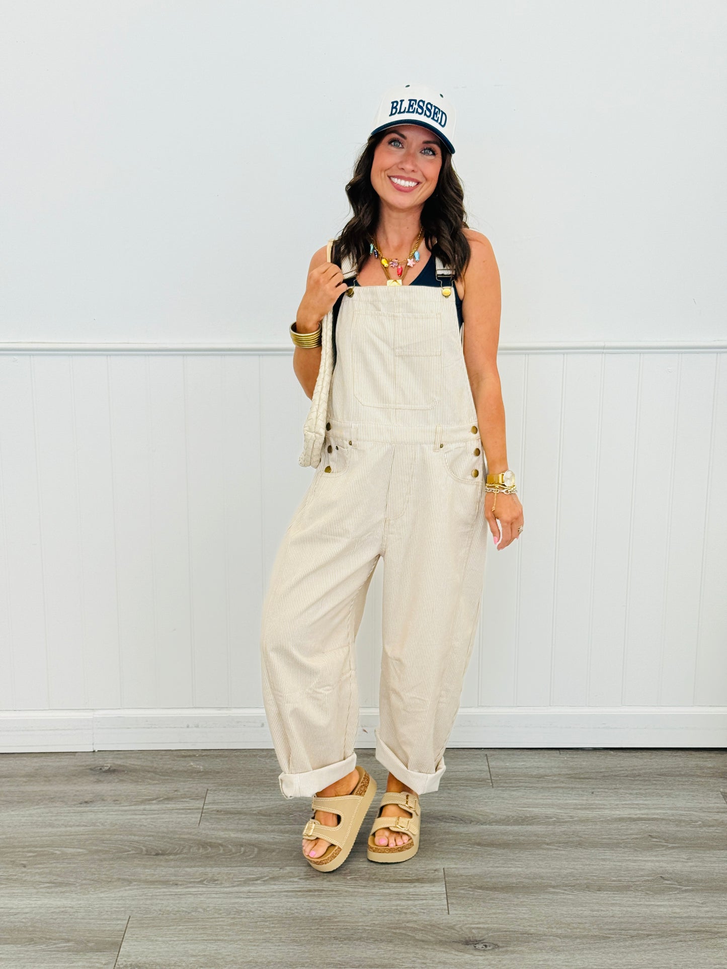 Taupe Pinstriped Overalls (Reg. and Plus)