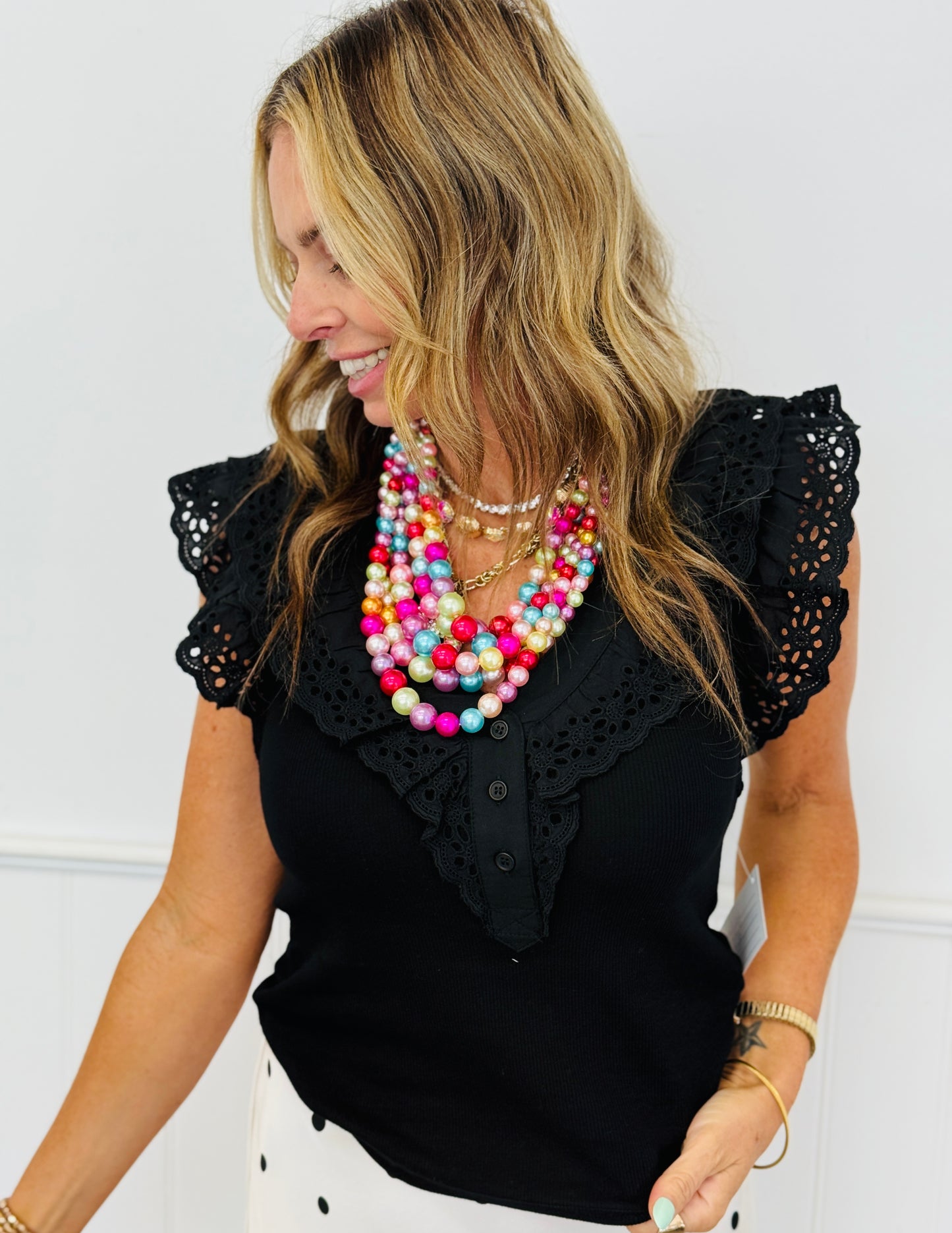 Black Eyelet Ruffle Trim Blouse (Reg. and Plus)