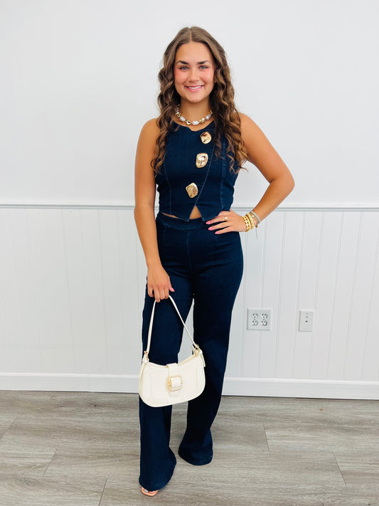 Navy Hammered Gold Button Vest Top Pants Sets (Reg.)