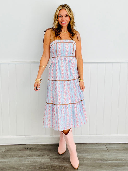 Blue/Mocha Shoulder Tie Midi Dress (Reg.)