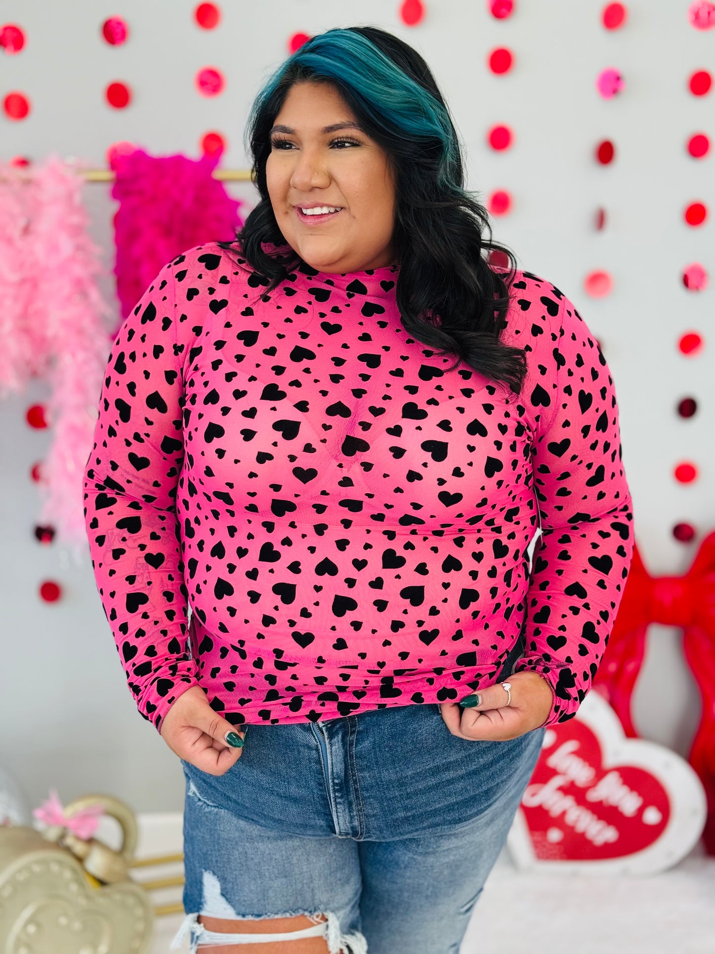Hot Pink Velvet Heart Mesh Top (Reg. & Plus)