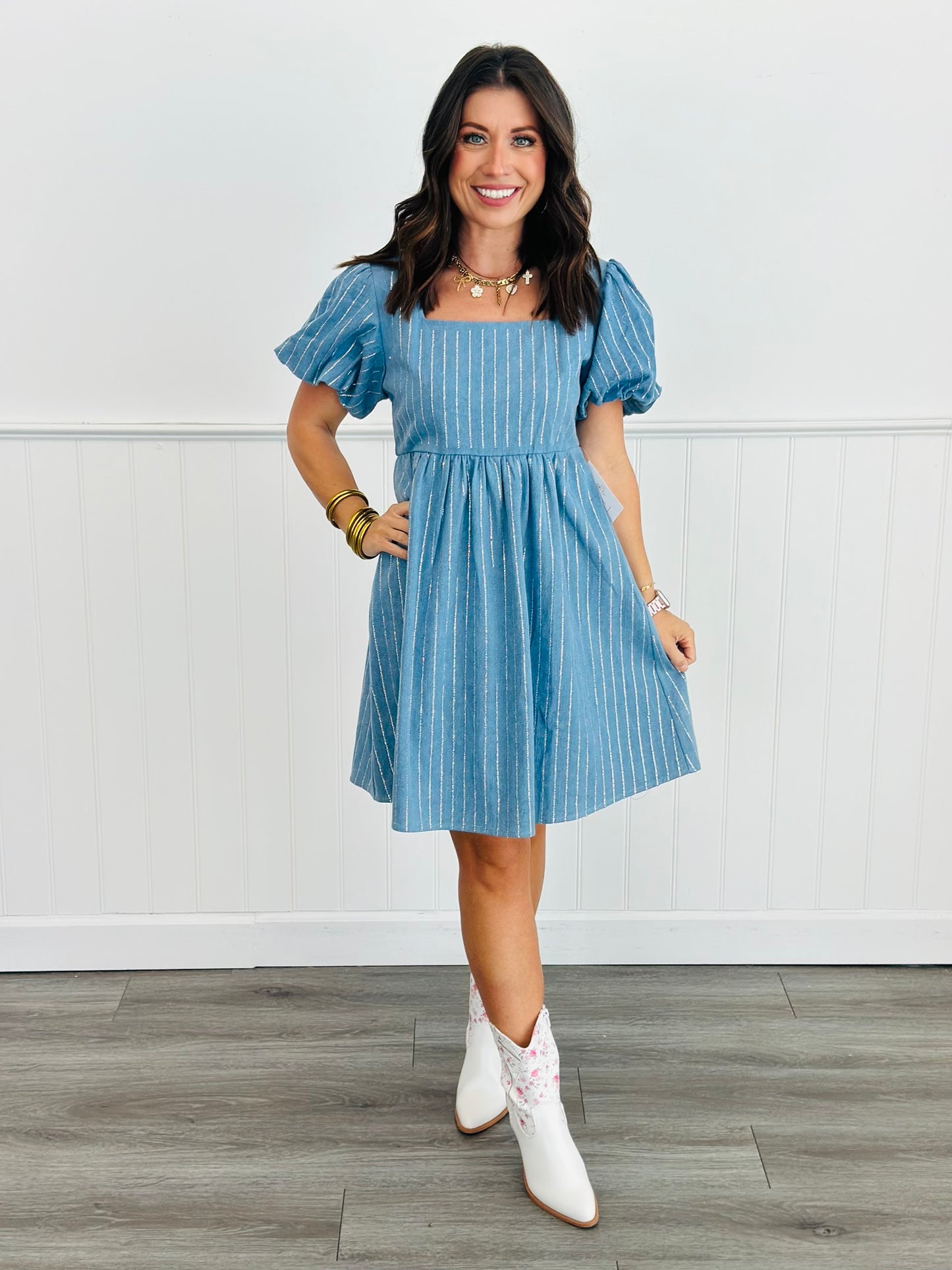 Denim Rhinestone Stripes Mini Dress (Reg.)