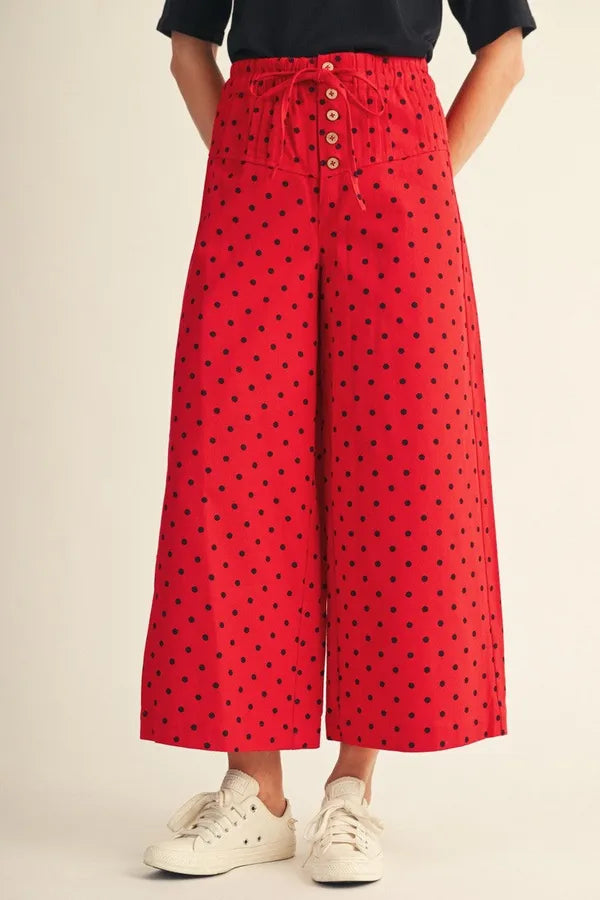Red Polka Dot Button Up Wide Leg Pants (Reg.)
