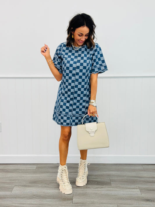 Denim Checkered Mini Dress ( Reg. and Plus)