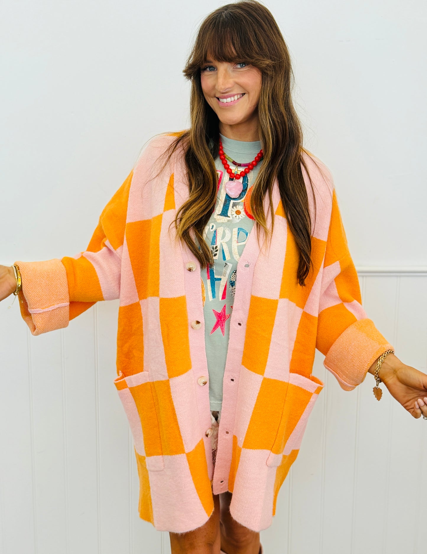 Pink & Orange Checkered Cardigan (Reg. and Plus)
