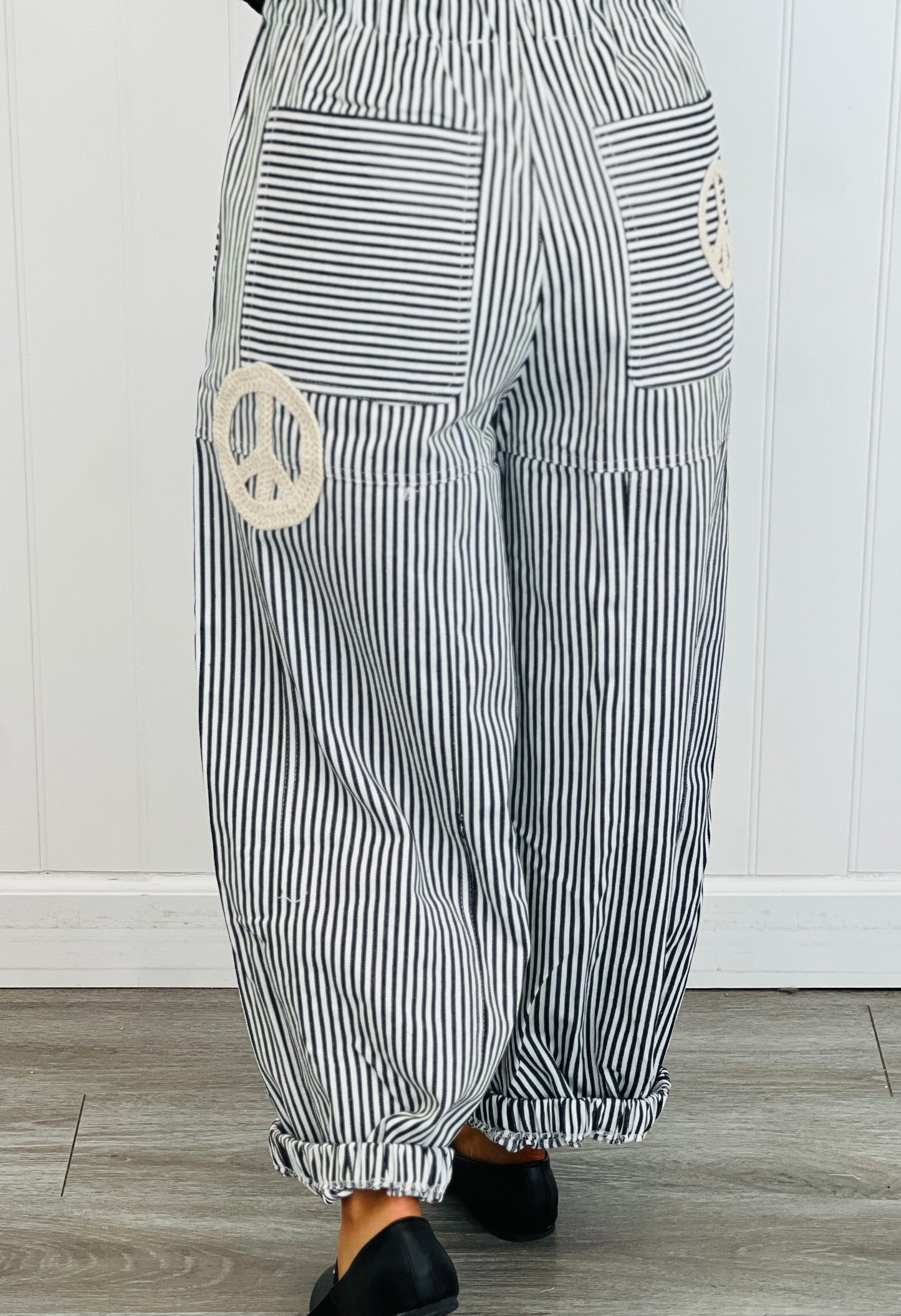 Black Peace Sign Pinstripe Palazzo Pants (Reg. and Plus)