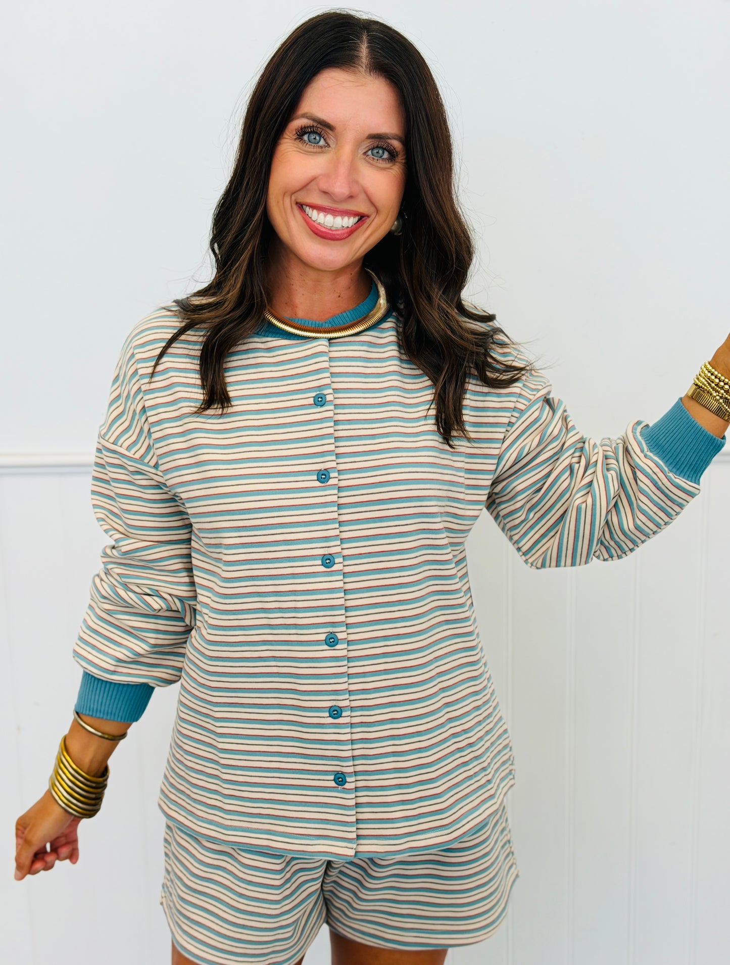 Cream Striped Long Sleeve Cardigan & Shorts Set (Reg.)