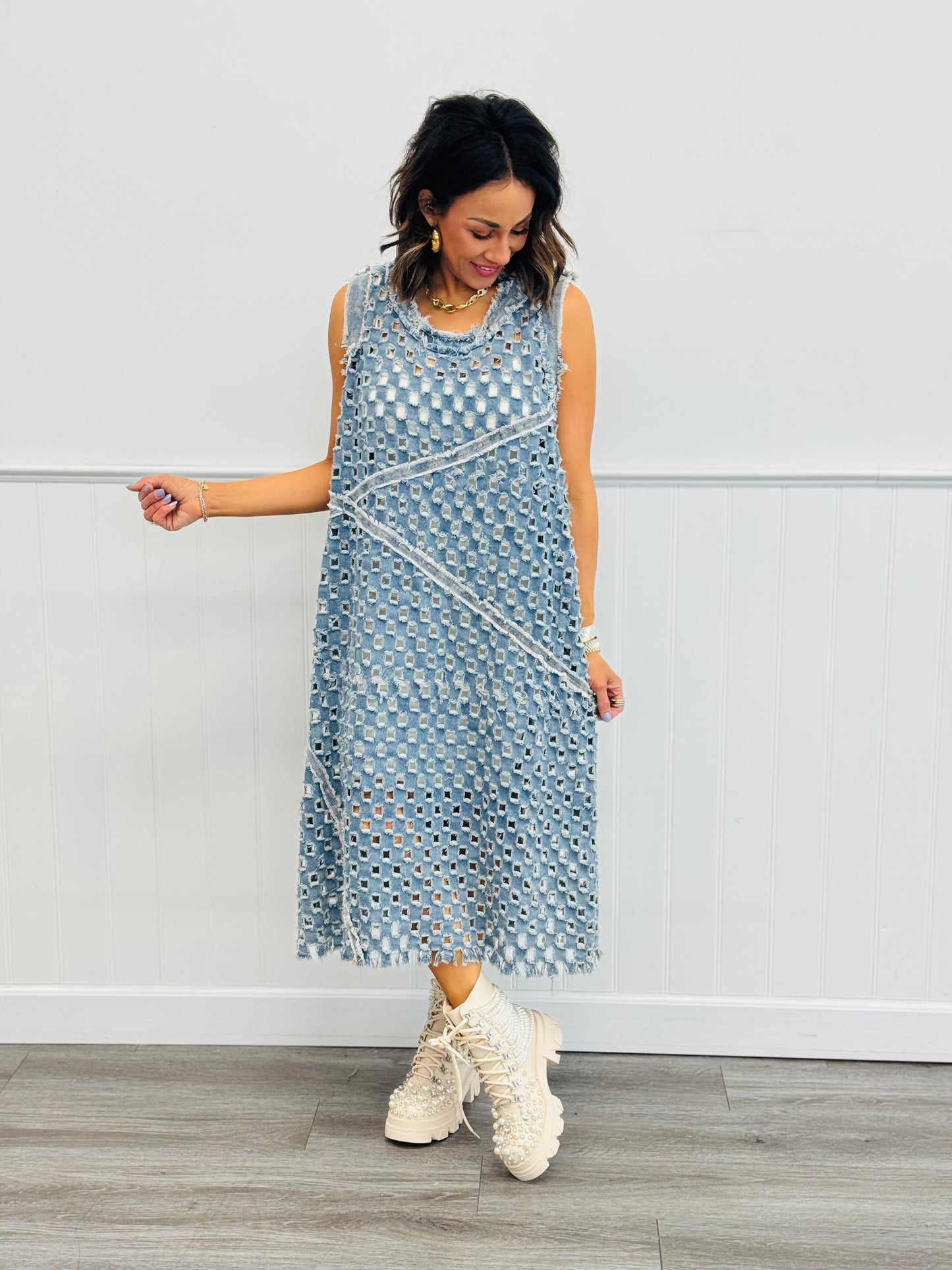 POL Deep Denim Laser Cut Midi Dress (Reg)