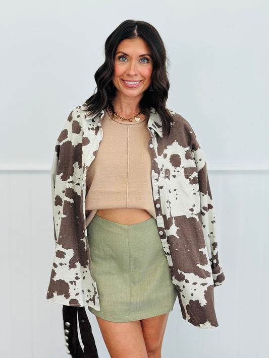 Cow Print Collared Button up Top (Reg.)
