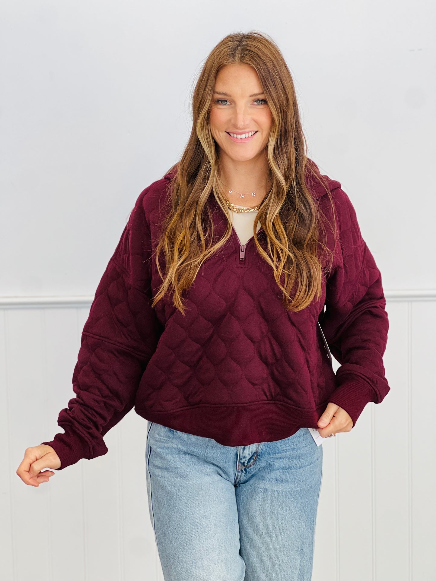 Dark Cherry Quilted Quarter Zip Up Hoodie Jacket (Reg.)