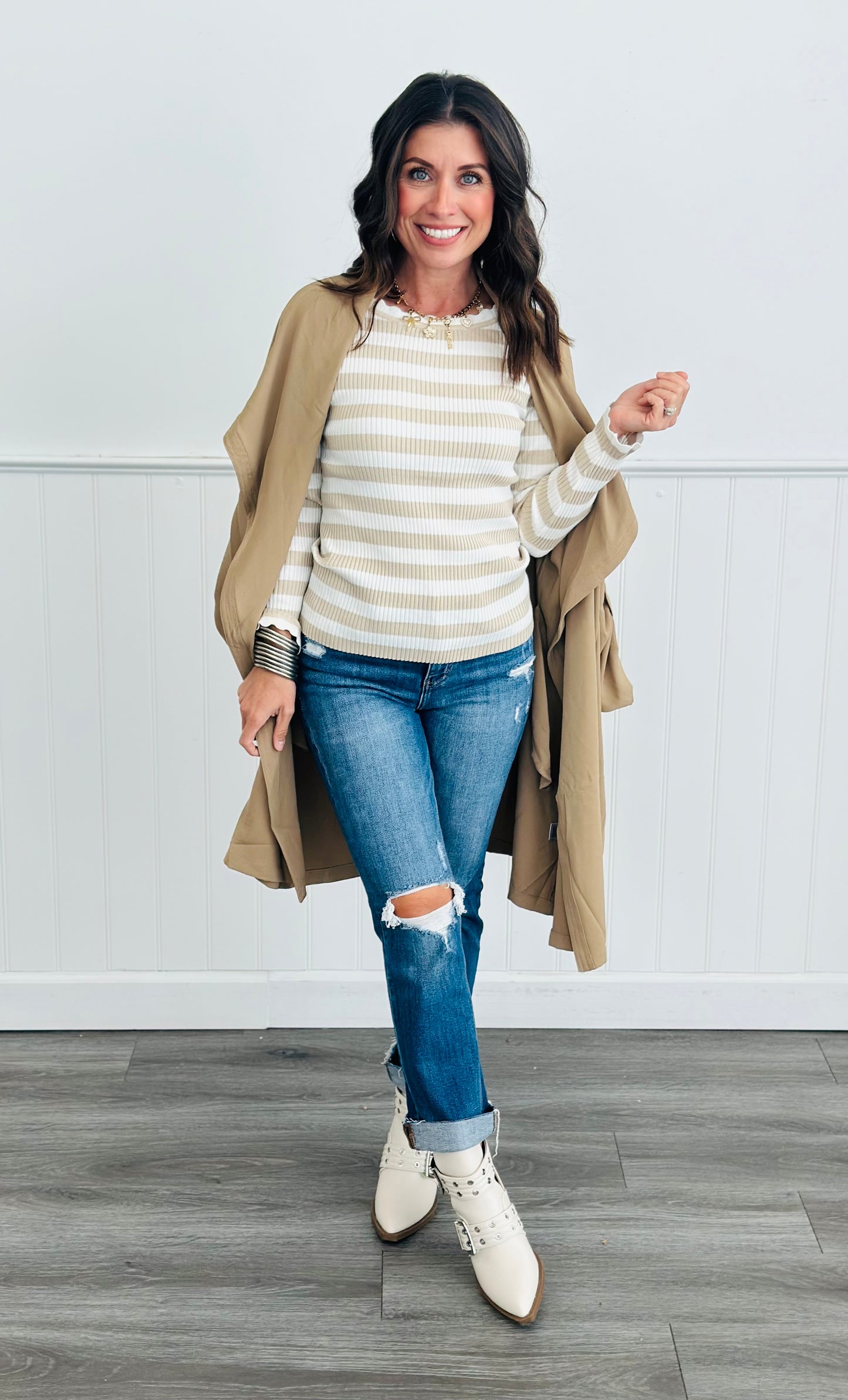 Ivory Striped Long Sleeve Knit Top (Reg. and Plus)