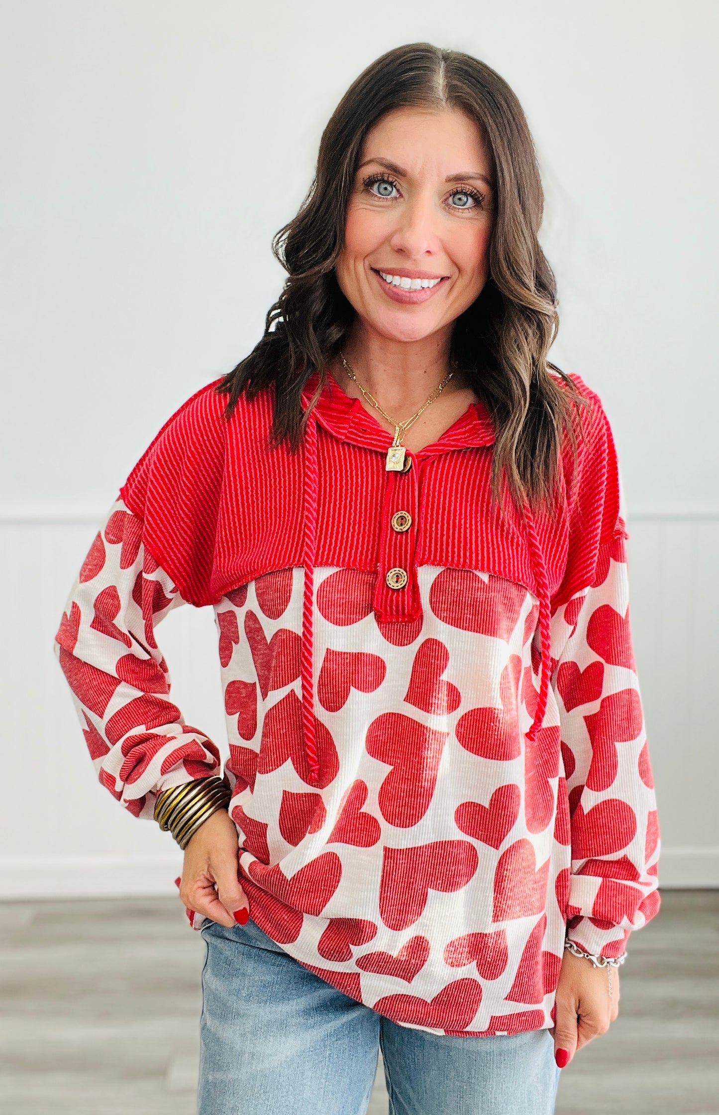 Ivory/Red Ribbed Trim Hearts Hoodie Top (Reg & Plus)