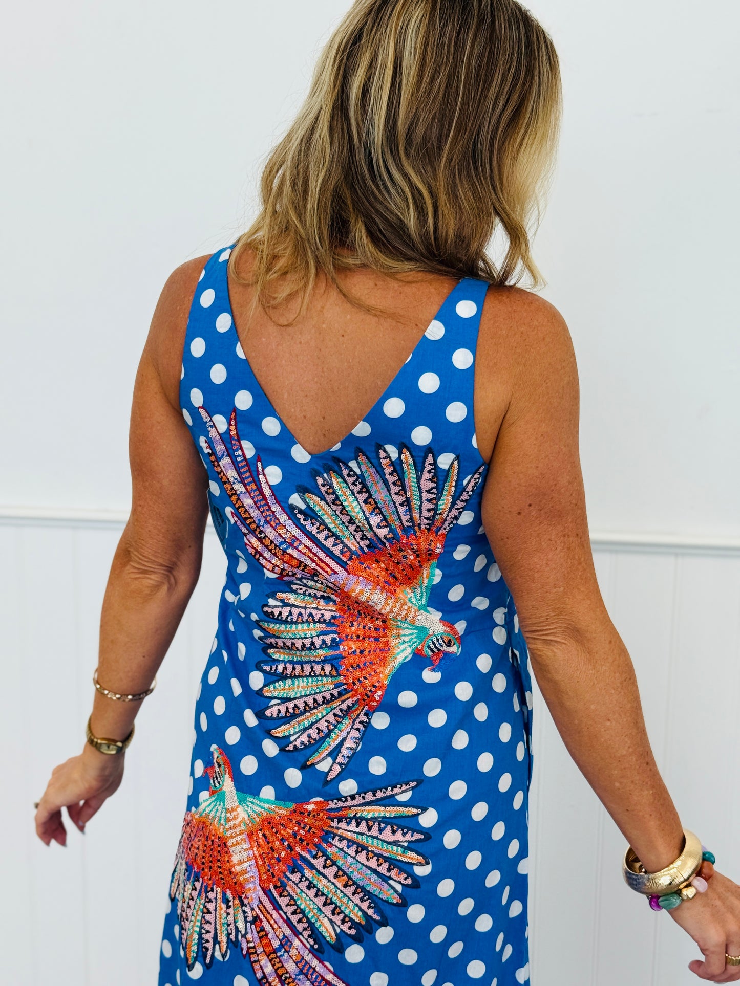 Queen Of Sparkles Blue & White Polka Dot Bird Midi Dress (Reg & Plus)