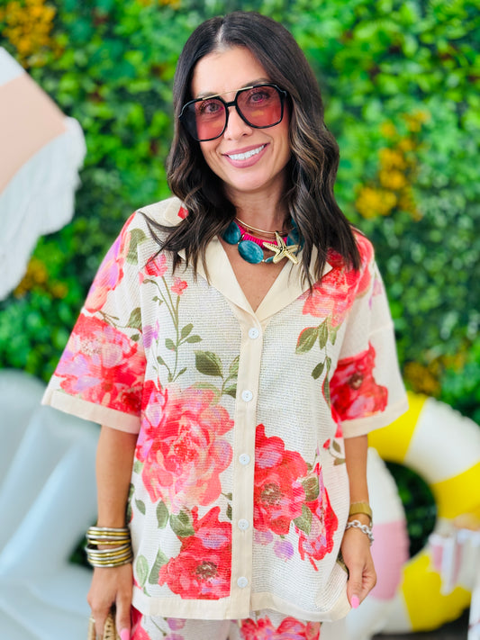 Ivory Mesh Floral Button Front Shirt (Reg. and Plus)
