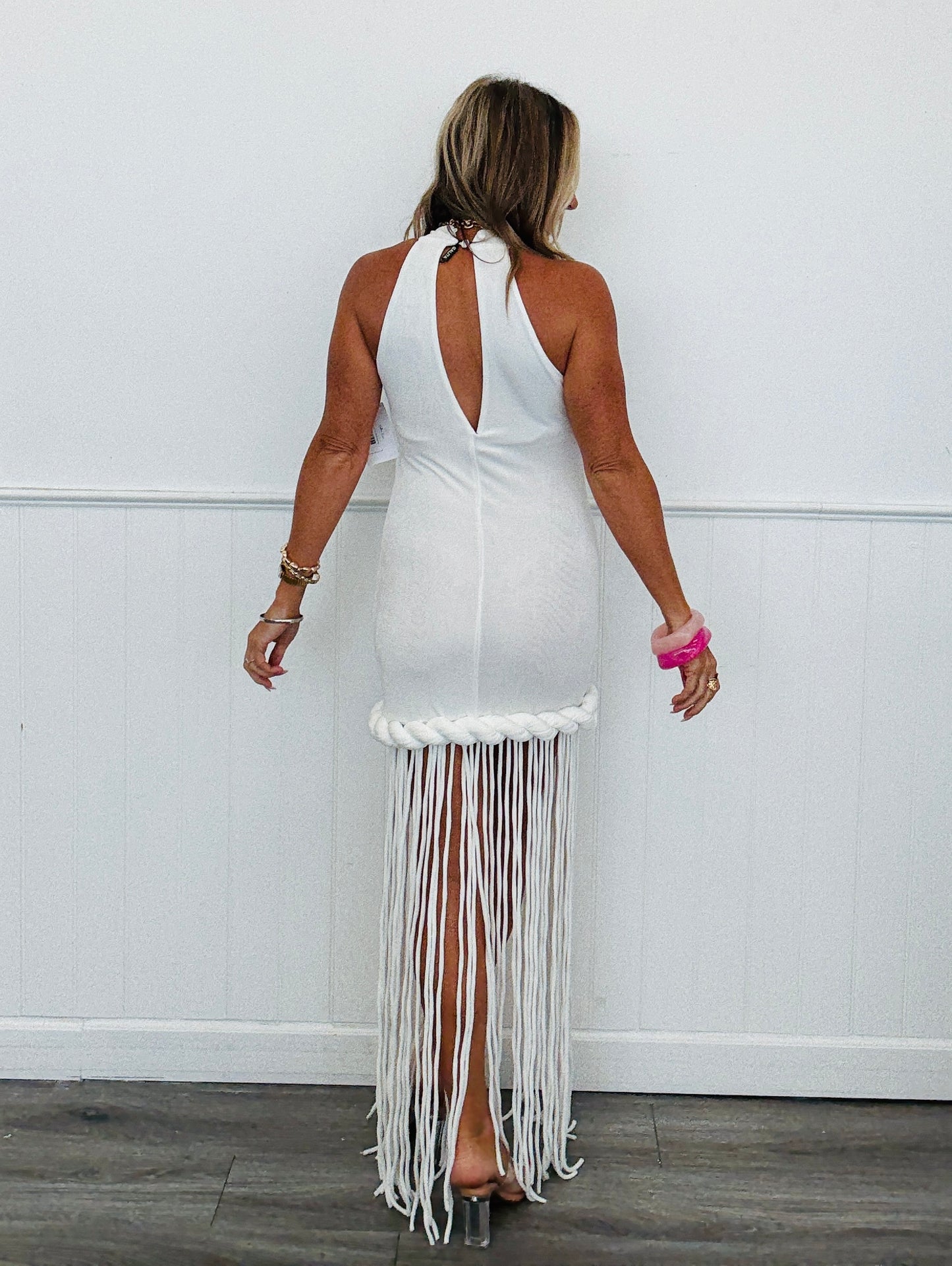 White Halter Neck Twist Fringe Maxi Dress (Reg.)