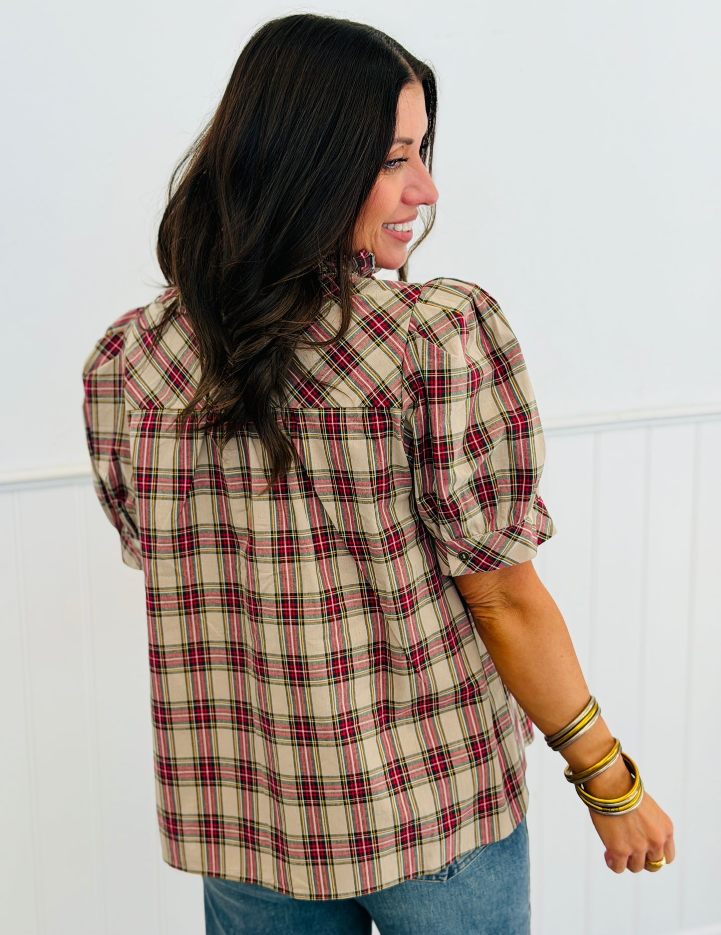 Plaid Tie Neck Puff Sleeve Top (Reg.) - 4 Colors
