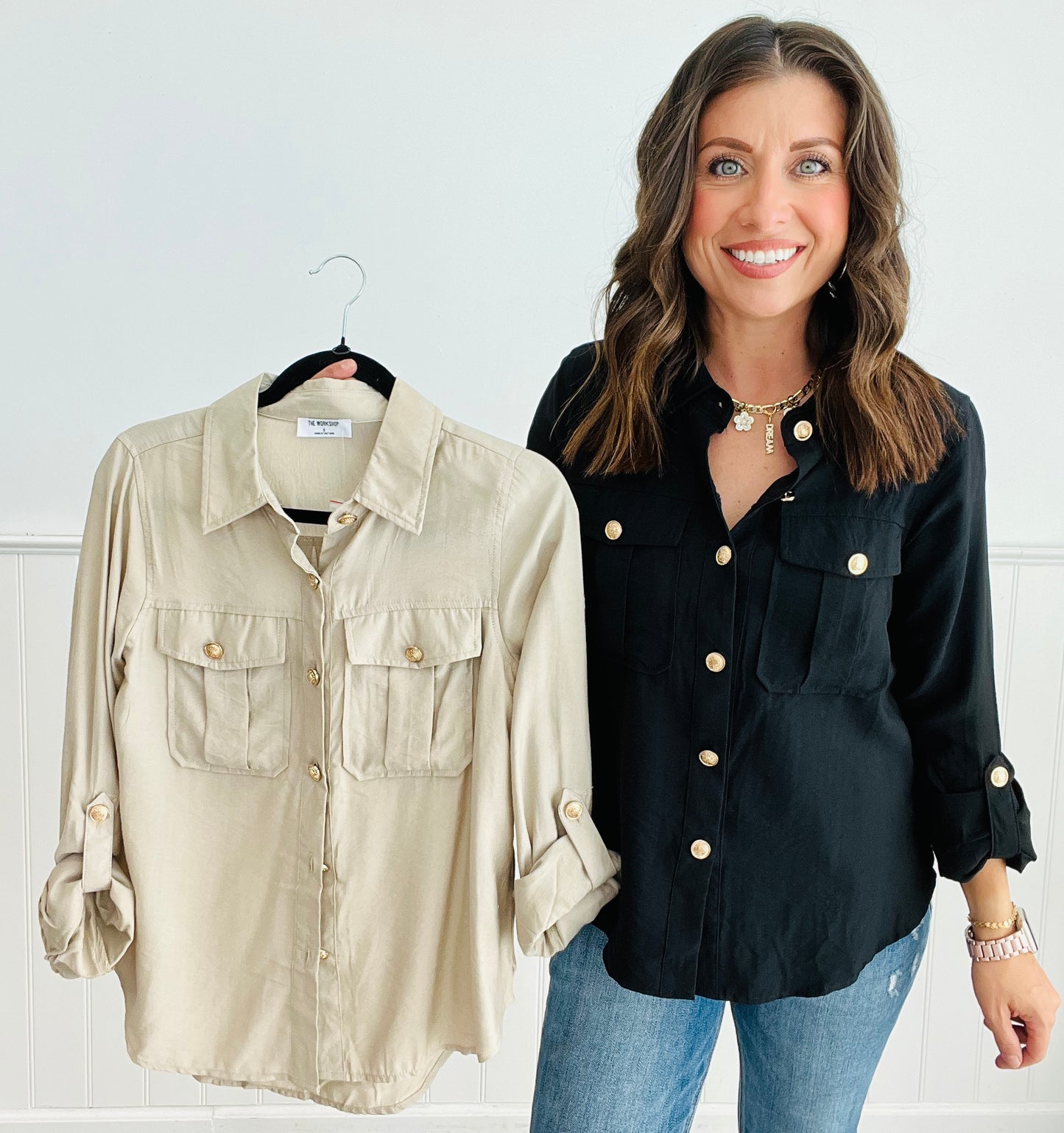 Gold Button Tab Shirt (Reg)- 2 Colors