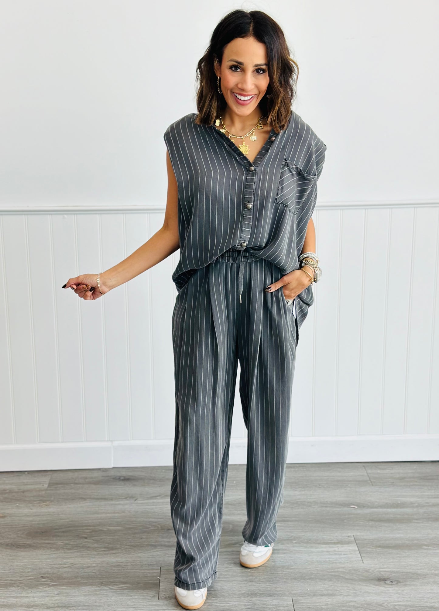 Grey Striped Shirt And Pants Set (Reg. & Plus)