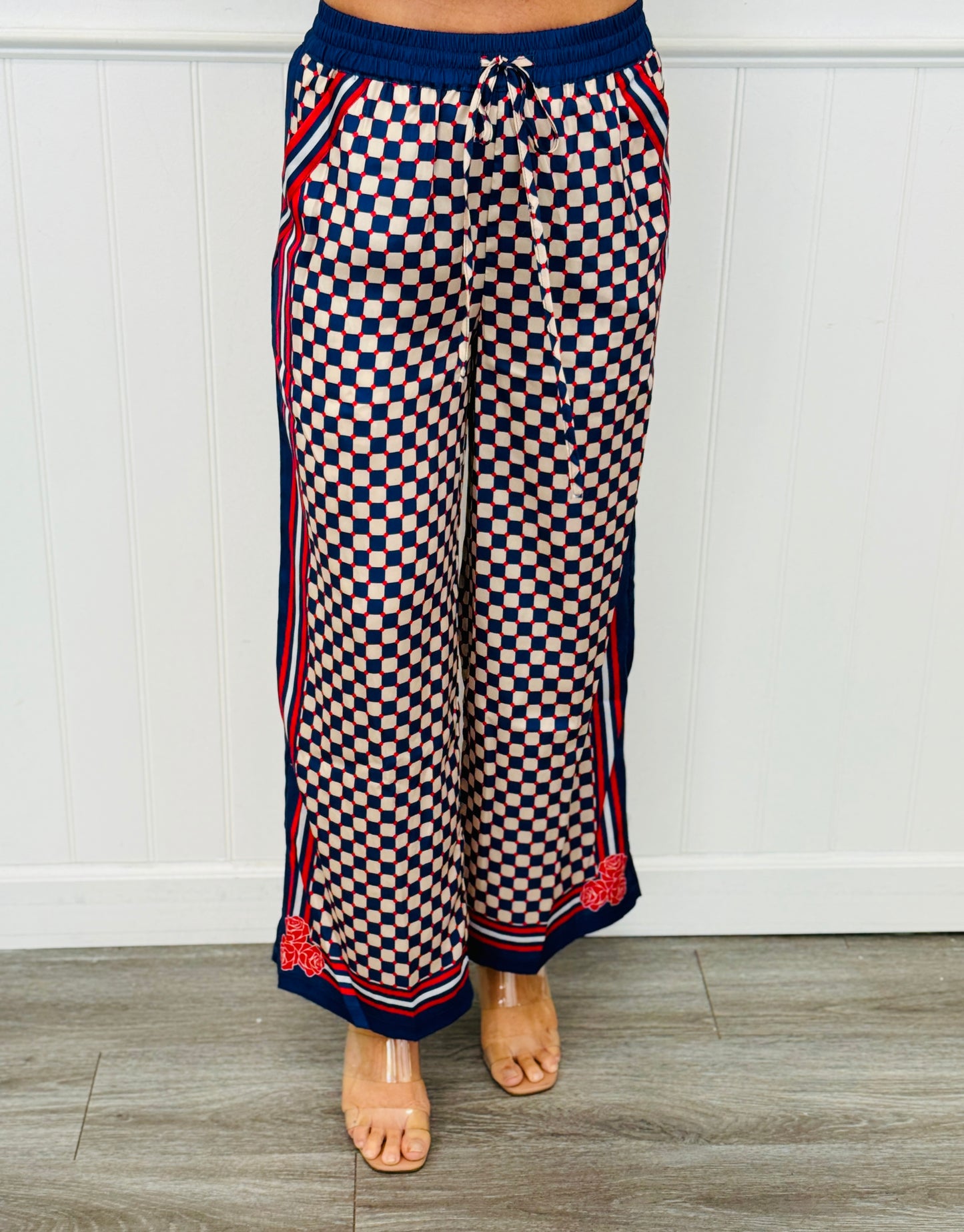 Navy Multi Square Pattern Satin Pants (Reg.)