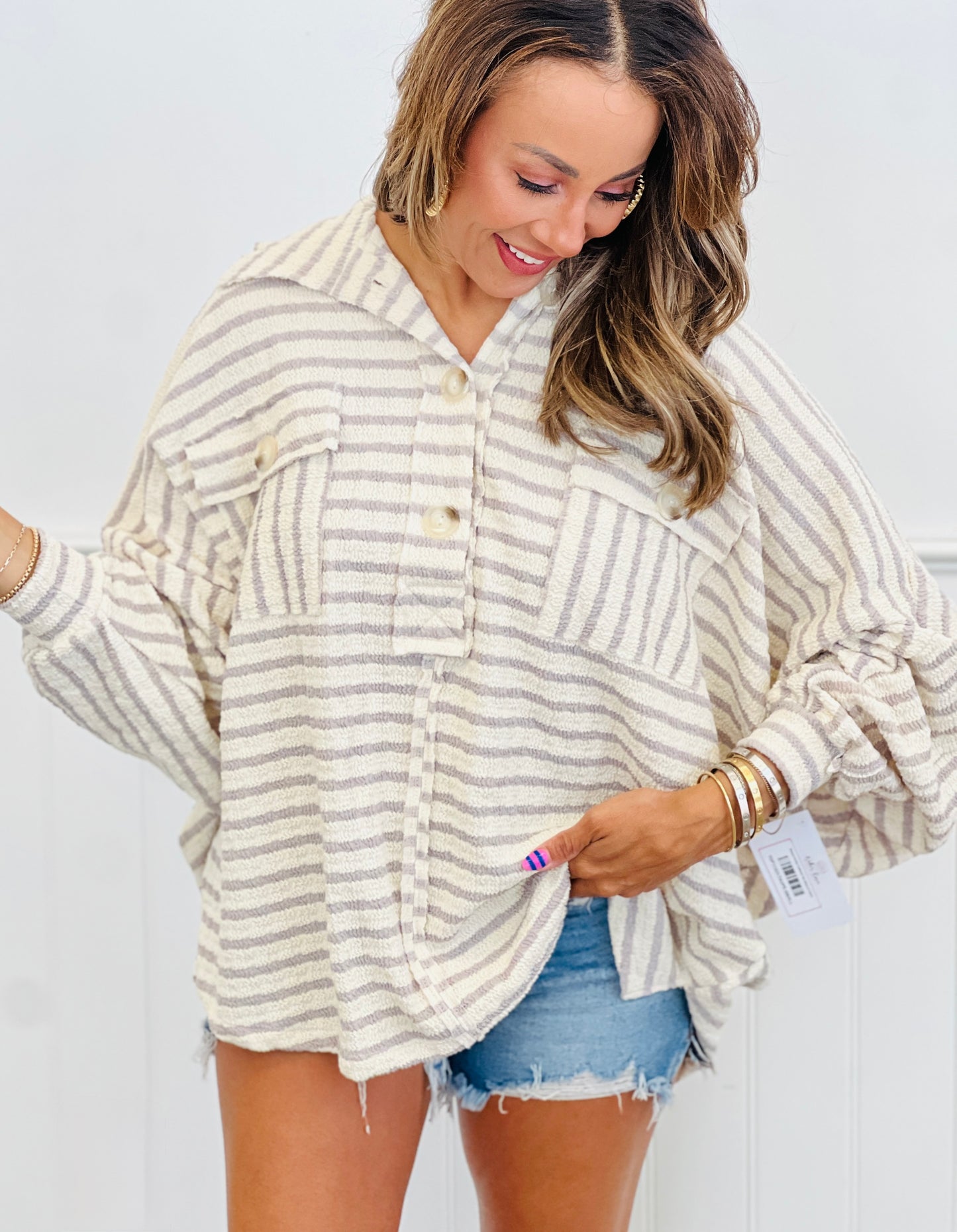 Striped Henley Collared Top (Reg.)-4 Colors