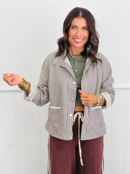 Mocha Pinstripe Collar Jacket (Reg. and Plus)