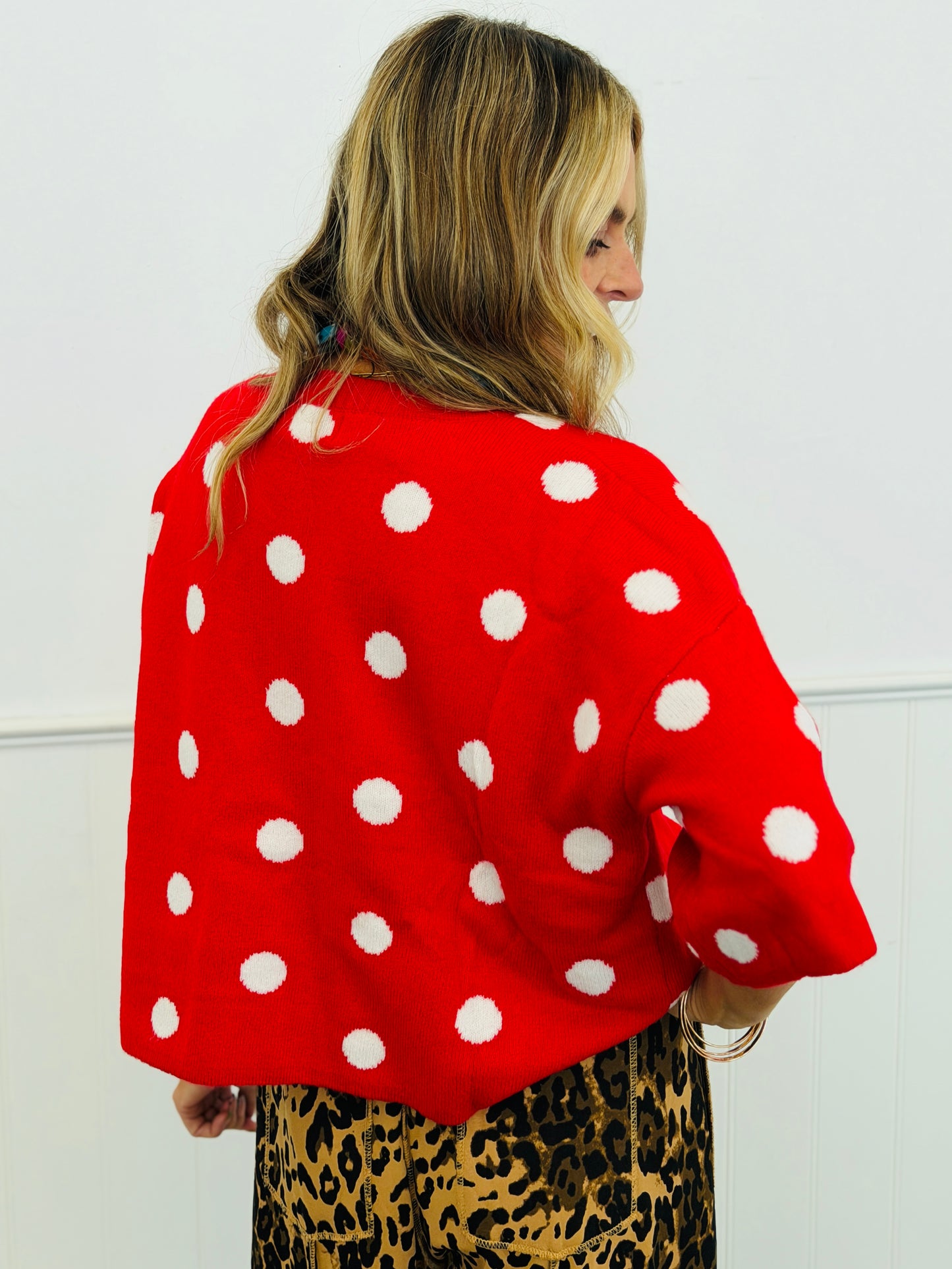 Red/Ivory Polka Dot Short Sleeve Cardigan (Reg. and Plus)