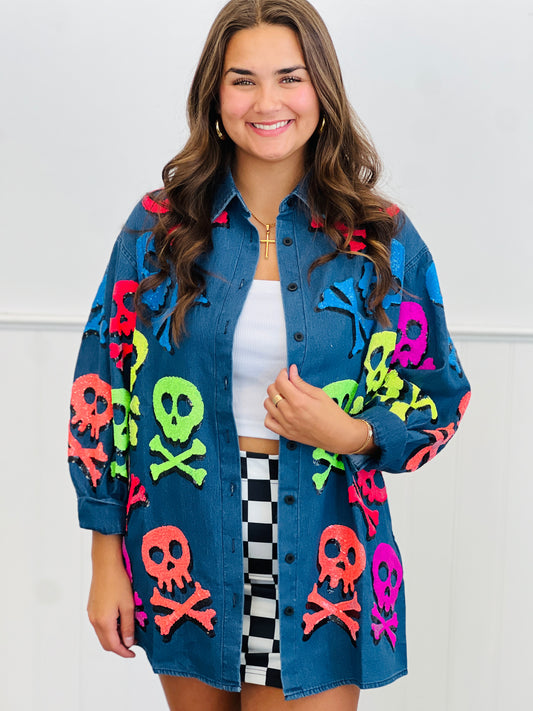 Queen Of Sparkles Denim Neon Skull & Crossbones Button Up Tunic Top (Reg. and Plus)