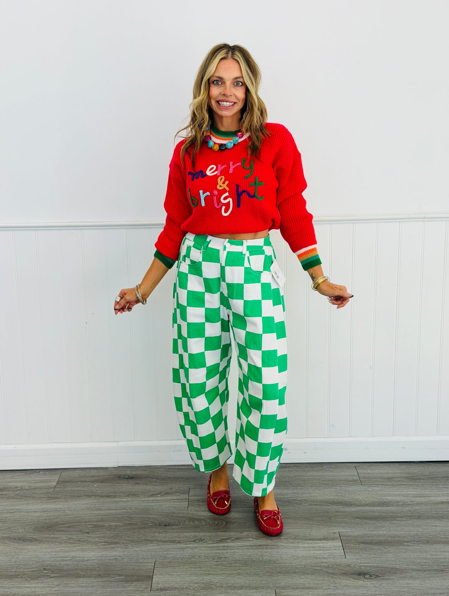 Kelly Green Checkered Print Barrel Pants (Reg. and Plus)