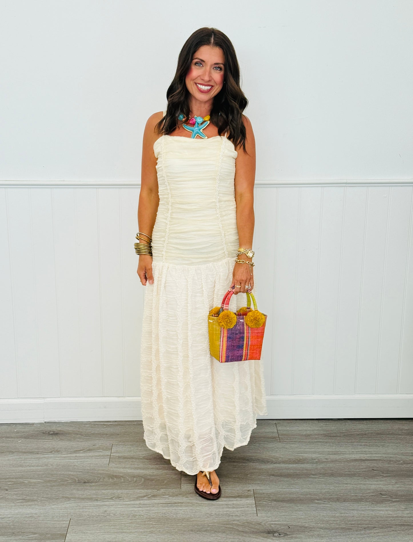 Cream Ruched Bow Back Maxi Dress (Reg.)