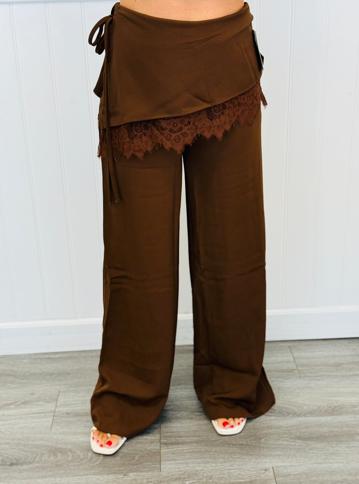 Brown Lace Trim Front Wrap Detail Pants (Reg.)