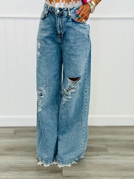 Denim Lace Trim Detail Distressed Pants (Reg.)