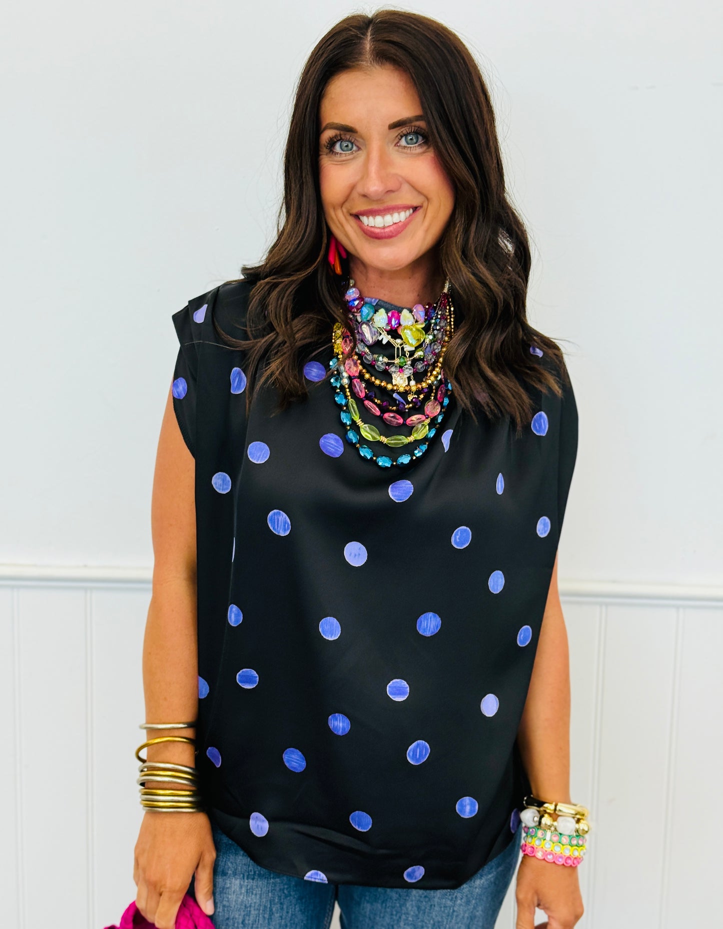 Polka Dot Cowl Mock Neck Sleeveless Top (Reg.) - 4 Colors