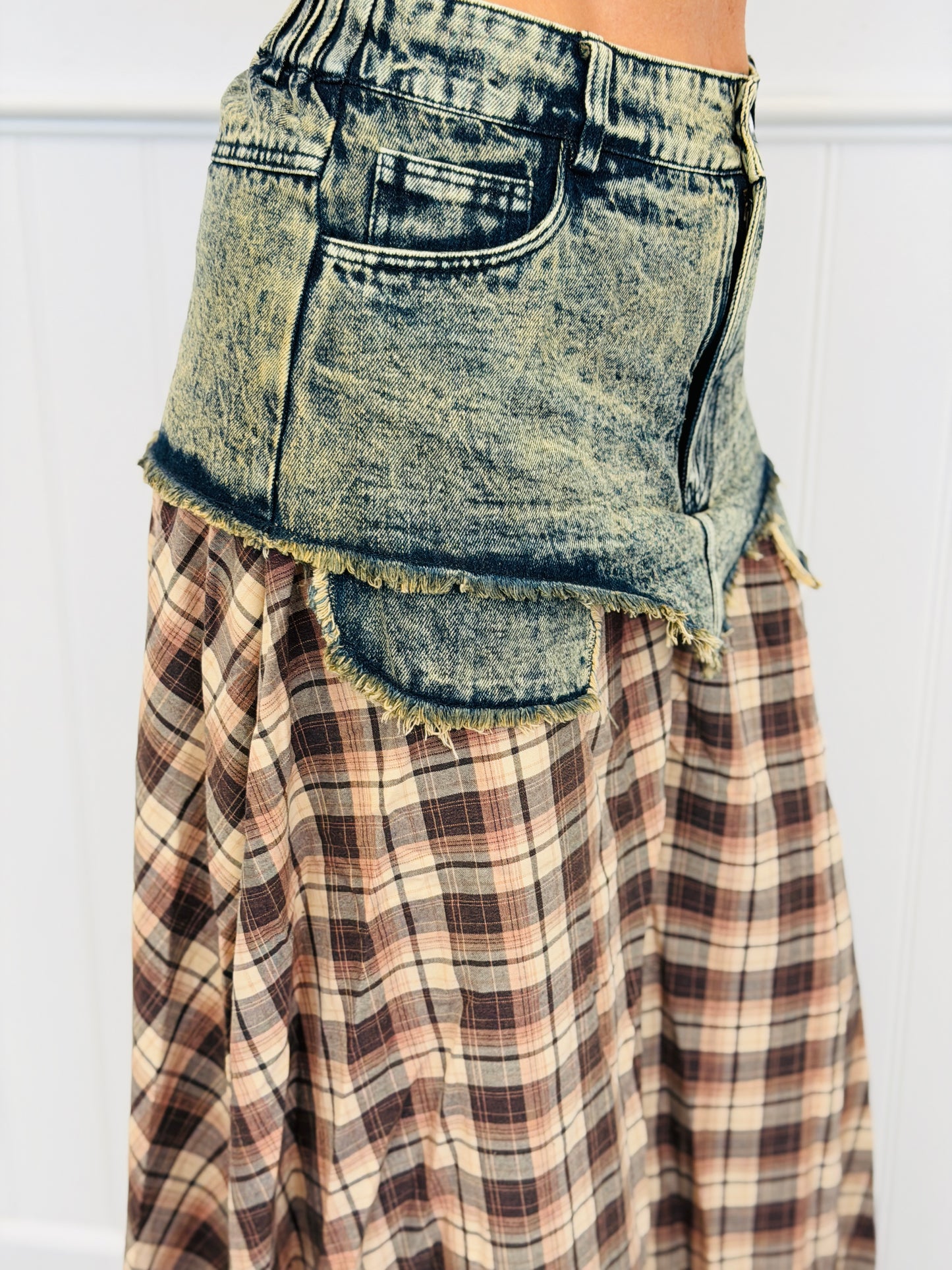 Brown Plaid & Denim Layered Maxi Skirt (Reg & Plus)