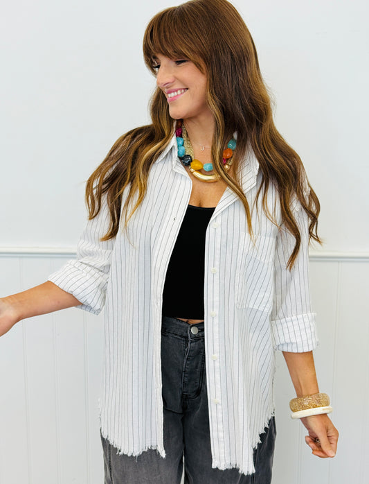 Off White/Black Striped Distressed Button Up Top (Reg. and Plus)