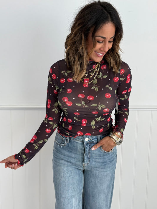 Black Cherries Mesh Long Sleeve Top  (Reg. and Plus)