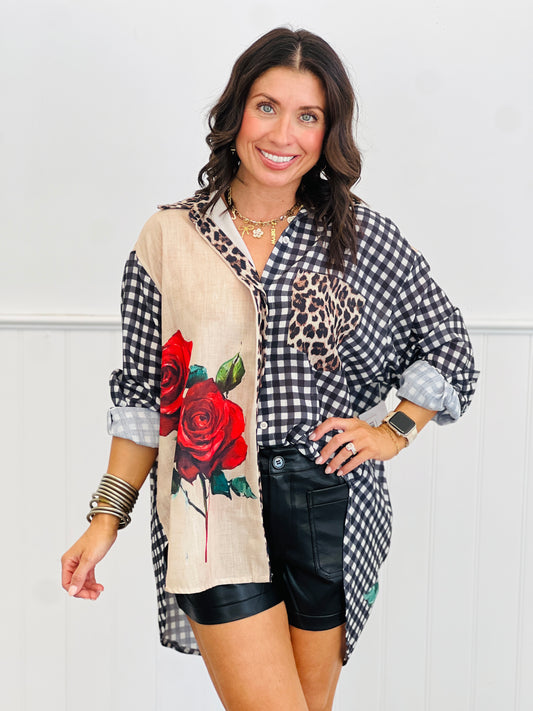 Contrast Print Roses Button Up Top (One Size)