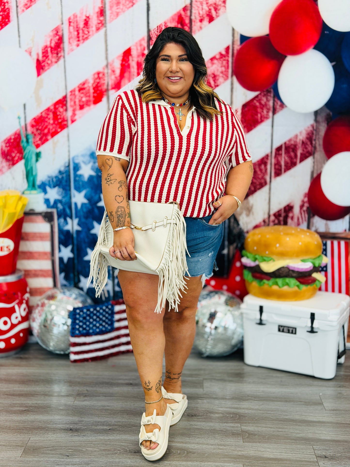 Red/Ivory Retro Vertical Striped Sweater Top (Reg & Plus)