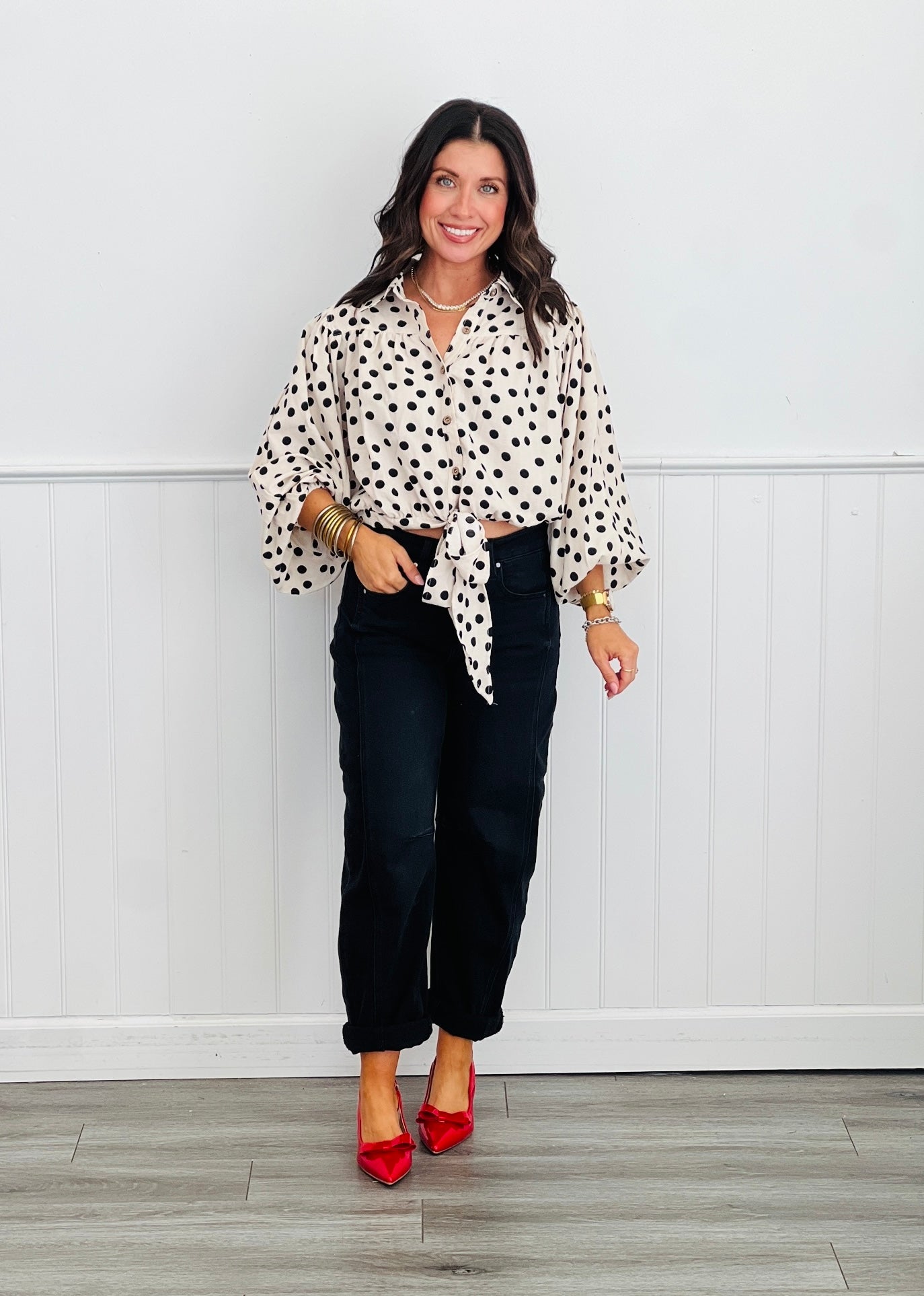 Cream/Black Polka Dot Tie Hem Blouse (Reg & Plus)