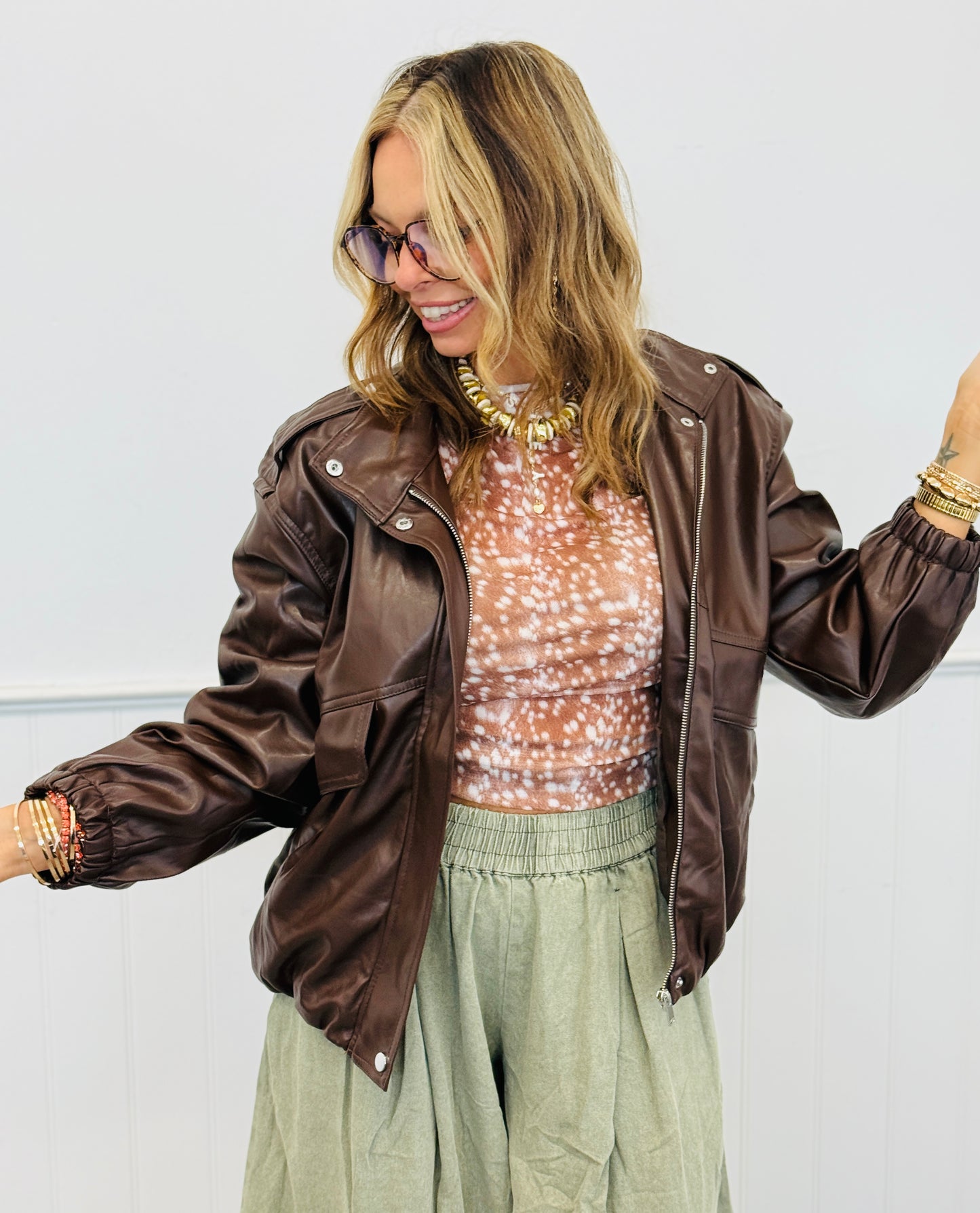 Brown Faux Leather Zip Up Bomber Jacket (Reg.)