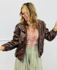 Brown Faux Leather Zip Up Bomber Jacket (Reg.)